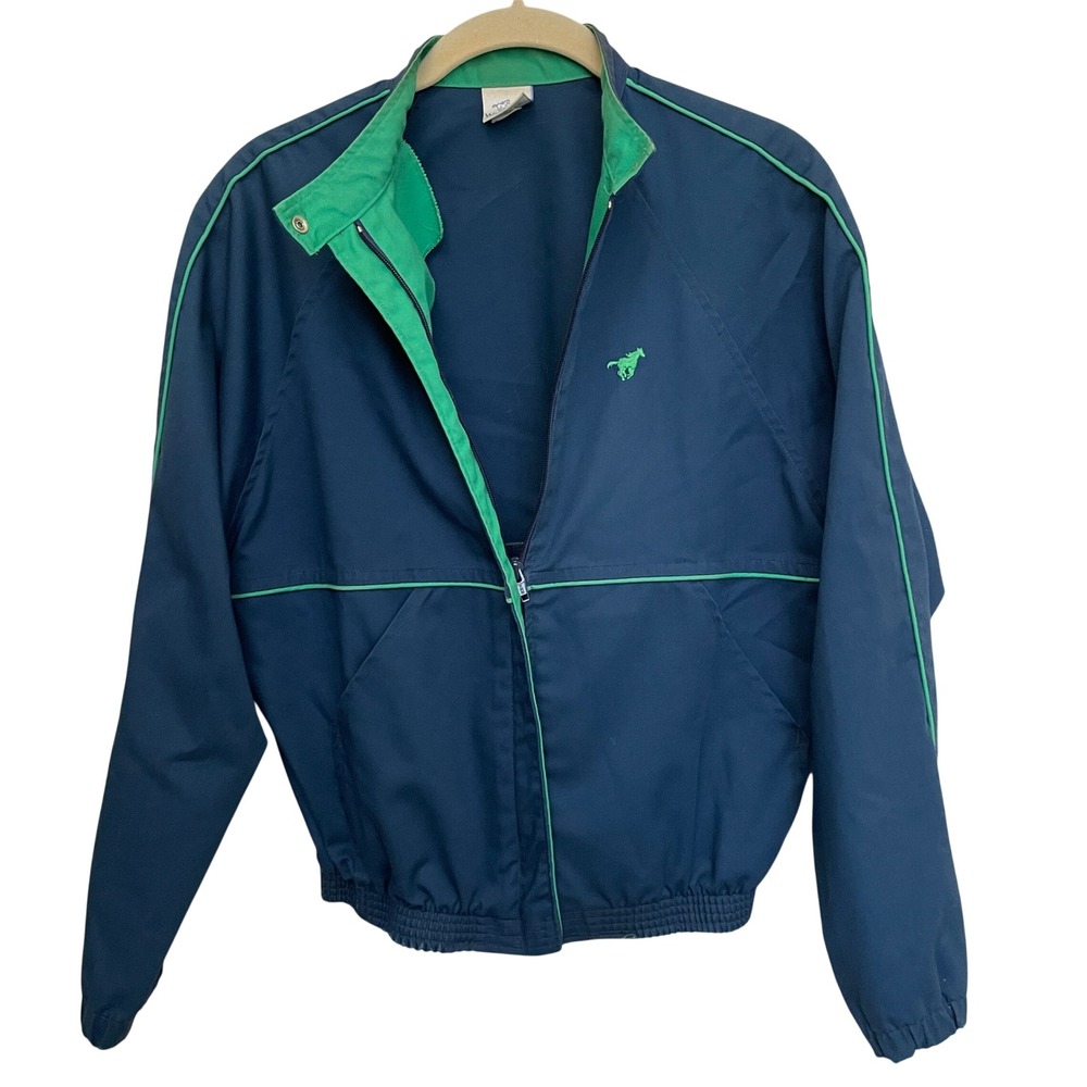 Vintage Wrangler Navy Blue Green Piping‎ Bomber Jacket Made in USA Mens Large